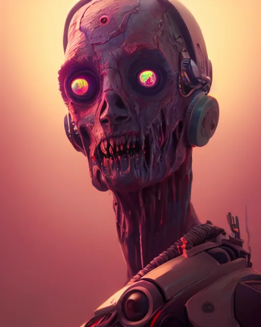 Image similar to highly detailed vfx portrait of a character of a zombie robot, stephen bliss, unrealengine, greg rutkowski, loish, rhads, beeple, makoto shinkai and lois van baarle, ilya kuvshinov, rossdraws, tom bagshaw,