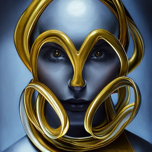 Prompt: award - winning painting, gold and silver shapes, elegant, luxurious, beautiful, lovecraftian, beksinksi, chiaroscuro, close - up portrait shot