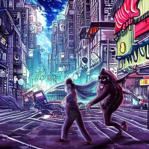 Image similar to bitcoin monster chasing people scared in city, cinematic composition, designed by cointelegraph, hyper - detailed