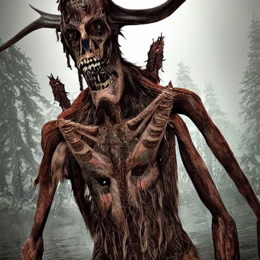 Prompt: a photograph of a cryptid hunter wearing the remains of a wendigo, hyper realistic, photorealistic, highly detailed