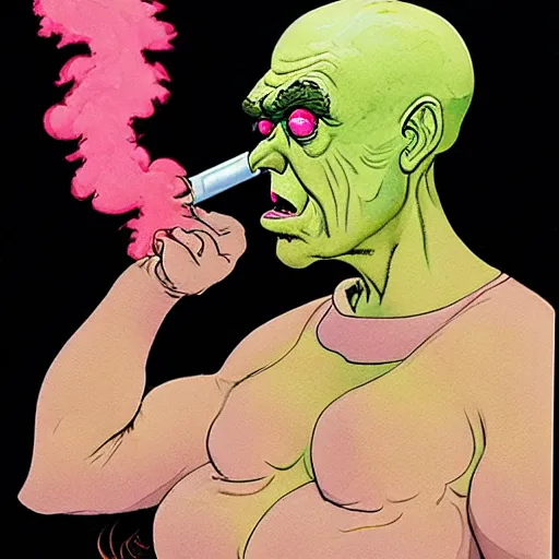 Prompt: a realistic and atmospheric watercolour fantasy character concept art portrait of slimer from ghostbusters with pink eyes wearing a wife beater and smoking a huge blunt by rebecca guay, michael kaluta, charles vess and jean moebius giraud