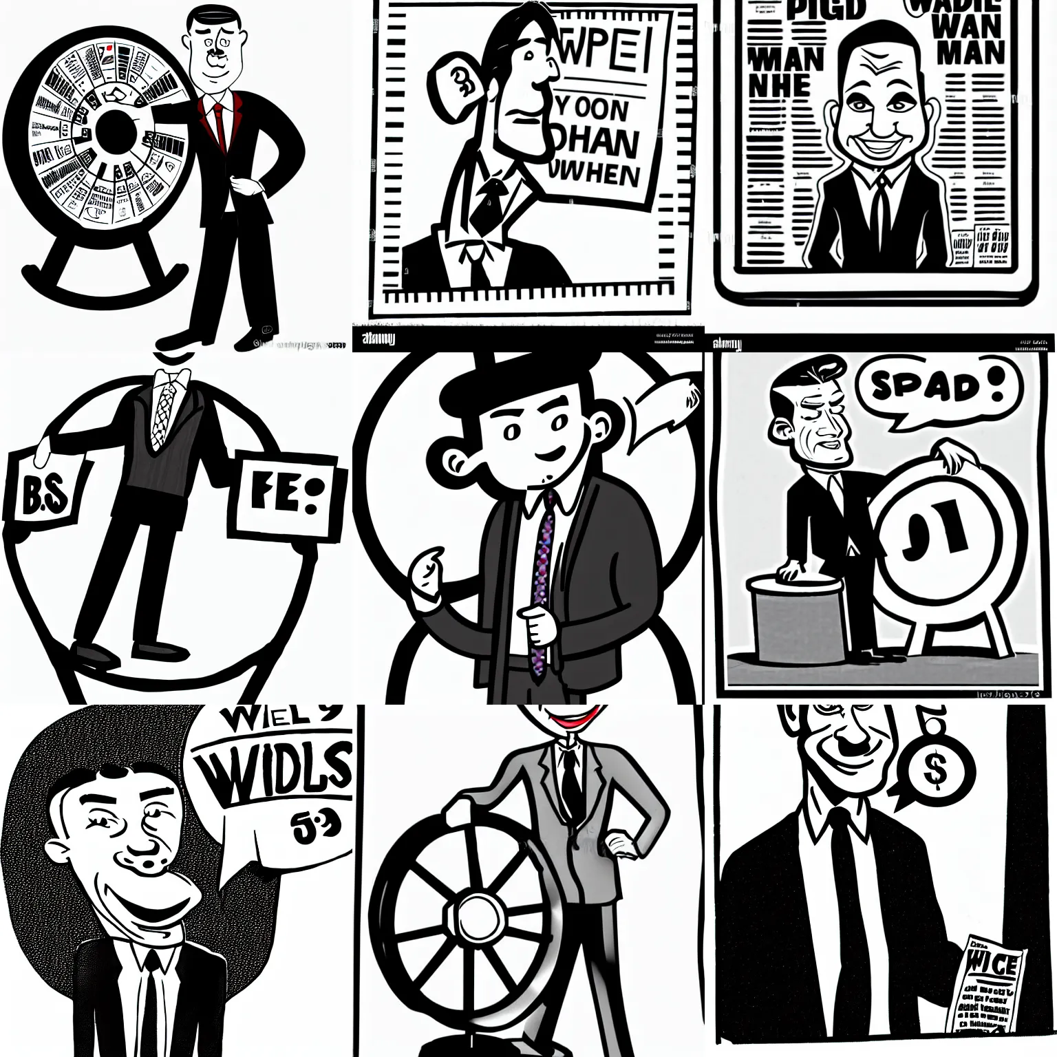 Prompt: well dressed man spinning price is right wheel, cartoon,newspaper illustration , caricature, b&w