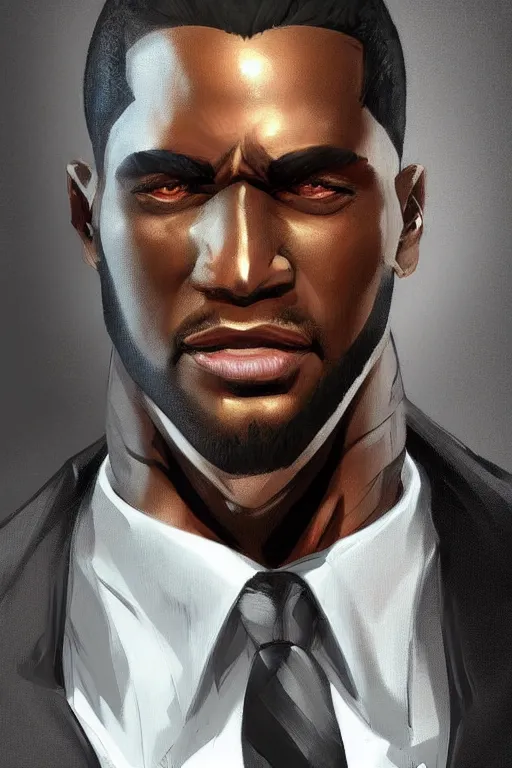 Image similar to detailed digital painting of handsome black man in corporate attire with short natural mohawk, fanart behance trending on artstation, concept art, matte, sharp focus, illustration, super hero pose, hearthstone, art by artgerm and greg rutkowski and alphonse mucha