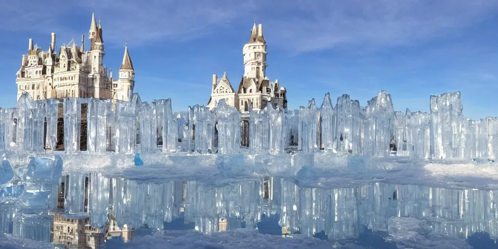 Image similar to a castle made out of ice, reflections, sparkle