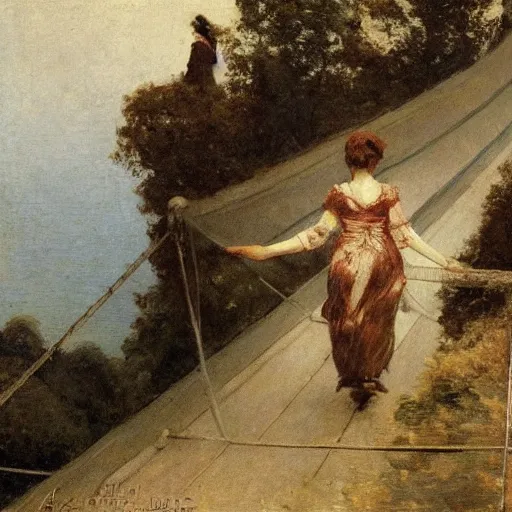 Image similar to woman traversing a suspension bridge by alfred stevens