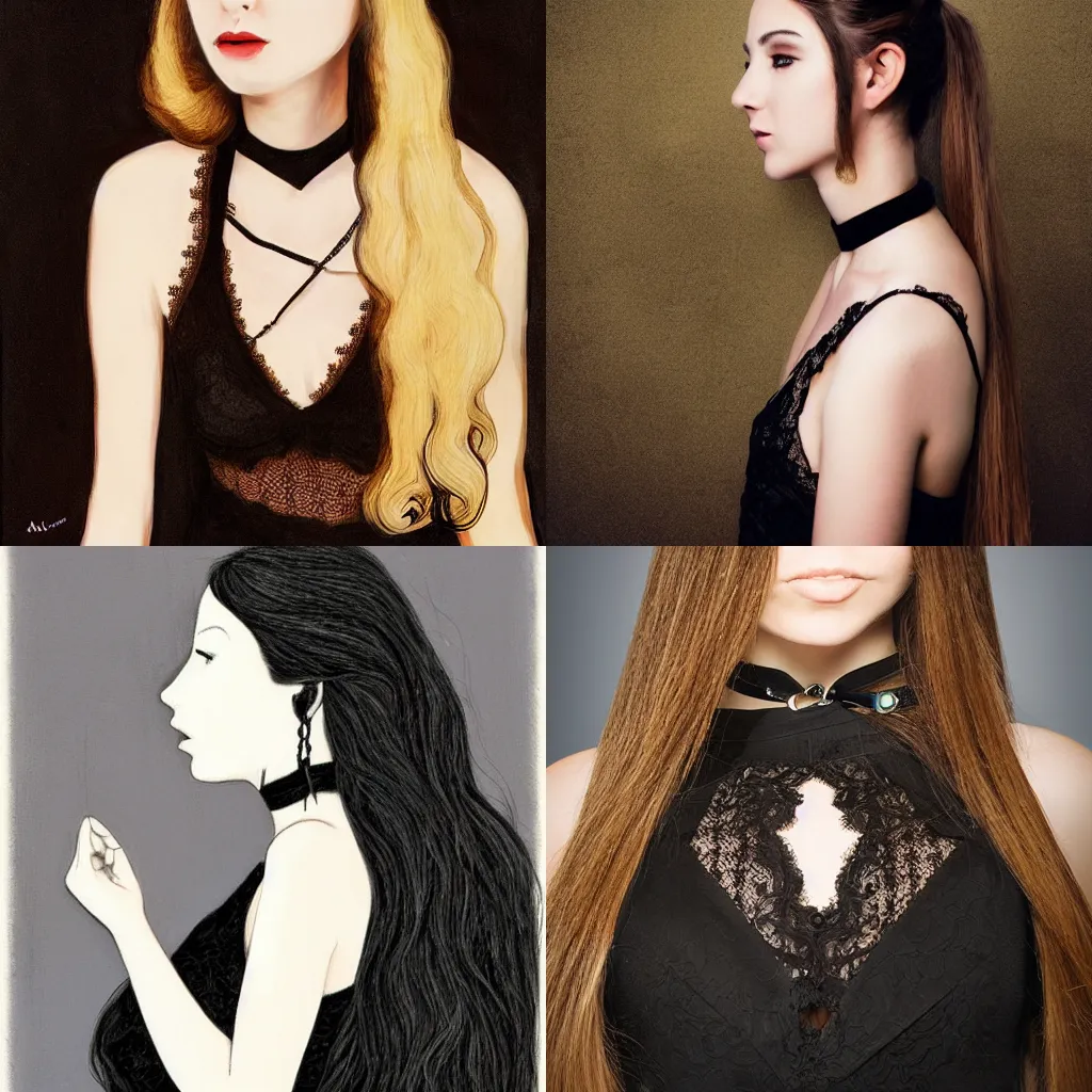 Prompt: girl with long hair, profile, black lace dress, choker necklace, by mark tennant