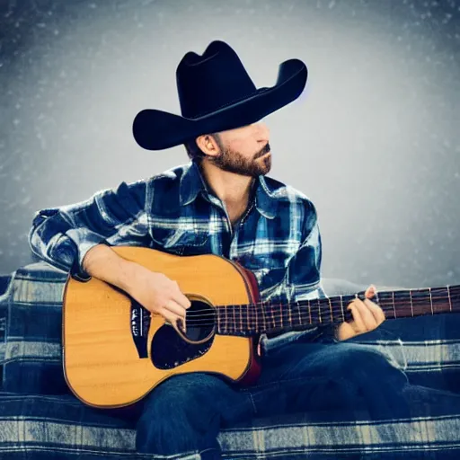 Prompt: a fox animal, wearing cowboy hat, wearing plaid shirt, playing guitar, in barn, album cover style