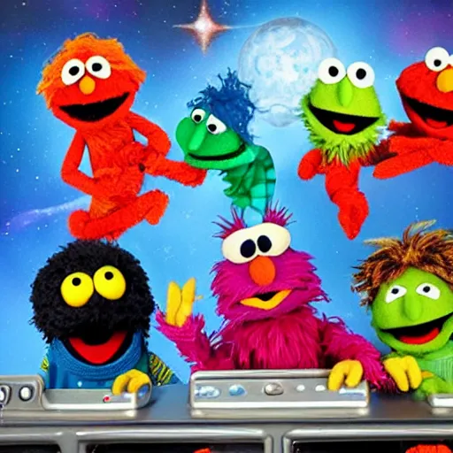 Prompt: yipyip aliens sesame street flying a ufo through space