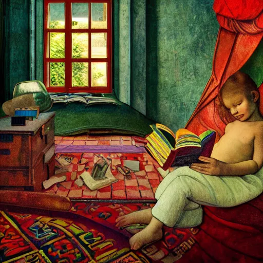 Prompt: photorealistic contemporary illustration of a beautiful photorealistic child reading books, beautifully portrayed inside a retrofuturistic maximalist hyperdetailed room. in the style of Caravaggio, Michelangelo, Paul Gauguin, Modigliani, with flemish baroque vibrant shiny maximalist mixed media 3d textures in soft pastel tones. matte background. HD HD HDR high res 8x sharp