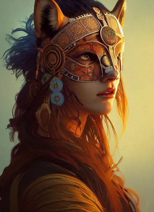 Image similar to portrait of shaman beautiful girl, intrigante, wolf mask, headshot, highly detailed, digital painting, artstation, concept art, sharp focus, cinematic lighting, illustration, art by artgerm and greg rutkowski, alphonse mucha, cgsociety