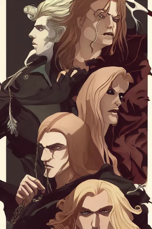 Prompt: Castlevania artwork by Patryk Hardziej, Tomer Hanuka, beautiful androgynous men with long blond hair