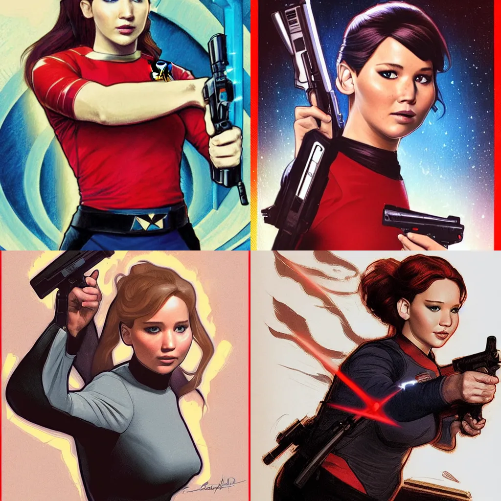 Prompt: A jennifer lawrence star trek red shirt holding phaser gun by Artgerm and greg rutkowski and alphonse mucha