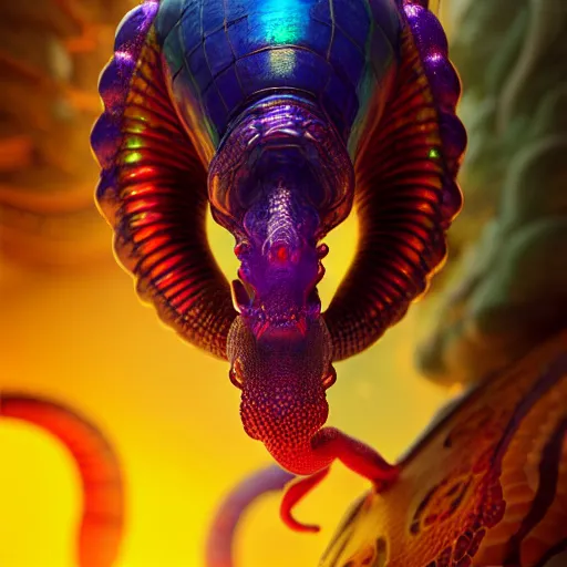 Image similar to beautiful colorful dragon snail. intricate portrait, occult cyberpunk, ancient futuristic, dark art, occult. by Petros Afshar, by artgerm, by Eddie Mendoza, by Peter mohrbacher, octane render, 3d, unreal engine, depth of field, bokeh, motion blur, blur