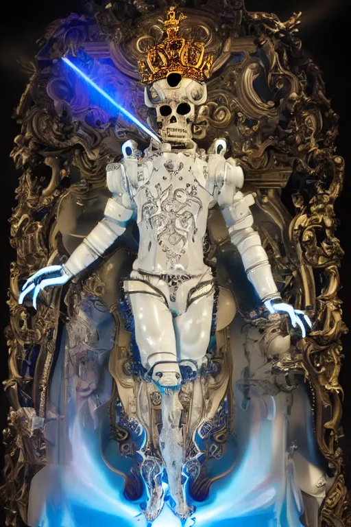 Image similar to full-body rococo and cyberpunk style neon statue of a young attractive portugues macho dotado e rico android sim roupa reclining con piroca dura, glowing white laser eyes, prince crown of blue gears, diamonds, swirling silver-colored silk fabric. futuristic elements. full-length view. space robots. human skulls. intricate artwork by caravaggio. Trending on artstation, octane render, cinematic lighting from the right, hyper realism, octane render, 8k, depth of field, 3D