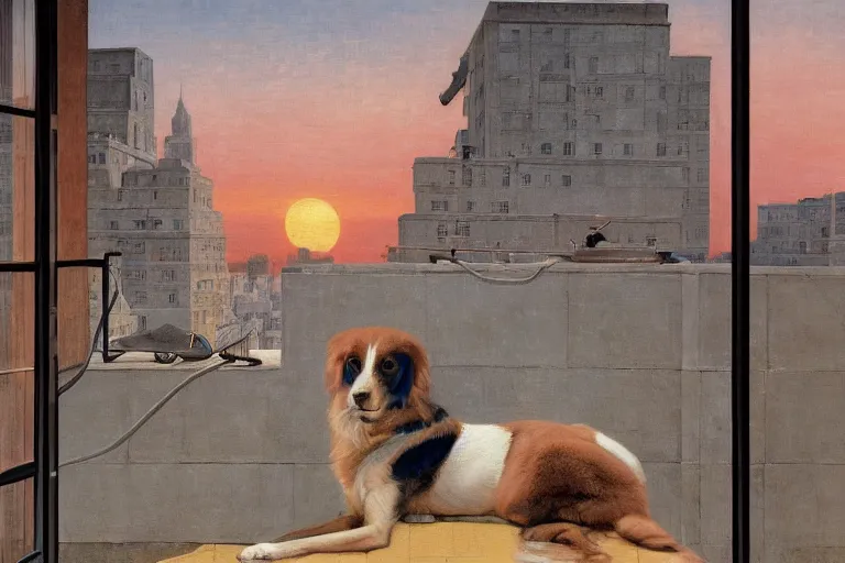 Prompt: painting of a dog, in a rooftop, watching new york, beautiful, sunset, romantic, by ludwig deutsch and maxfield parrish, patterned tilework, extremely detailed, cinematic lighting, smooth sharp focus