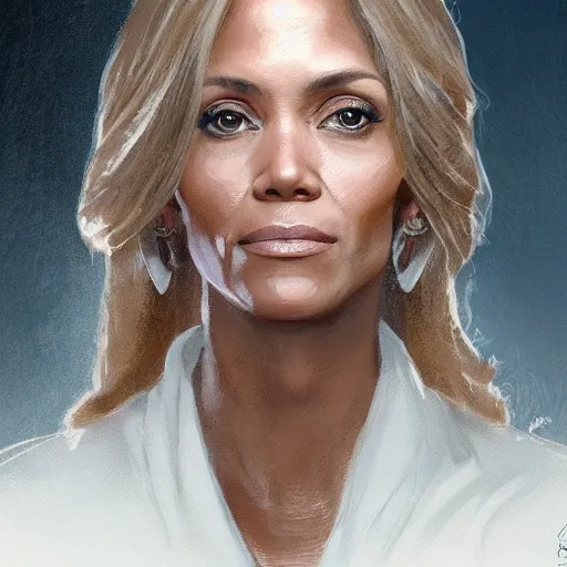 Image similar to portrait of maci holloway, first woman elected as president in usa, cold but beautiful, about 3 5 years old, highly detailed, mix of halle berry and julia roberts, gong li, olga kurylenko, artstation hd, deviantart, by artgem, greg rutkowski