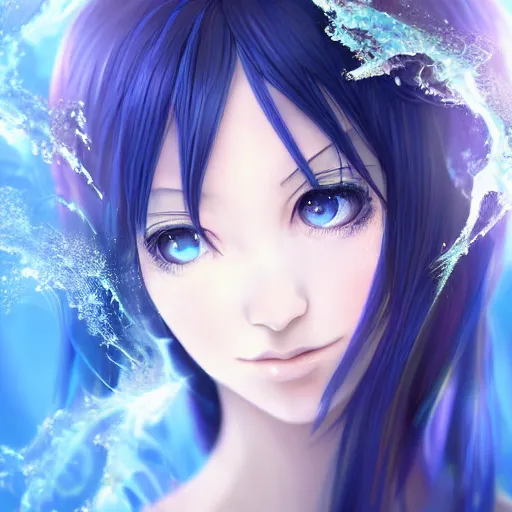 Prompt: advanced digital portrait painting photograph, a very beautiful anime girl wearing a dress made of water standing in a crystal lake , full body, very long black hair, azure blue watery eyes, full round face, seductive stare, cinematic lighting, medium shot, mid-shot, highly detailed, trending on artstation, Unreal Engine 4k, Stanley Artgerm Lau, WLOP, Rossdraws, James Jean, Andrei Riabovitchev, Marc Simonetti, and Sakimichan