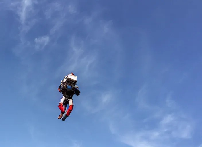 Image similar to man with a jetpack flying over red lobster restaurant with blue sky and clouds