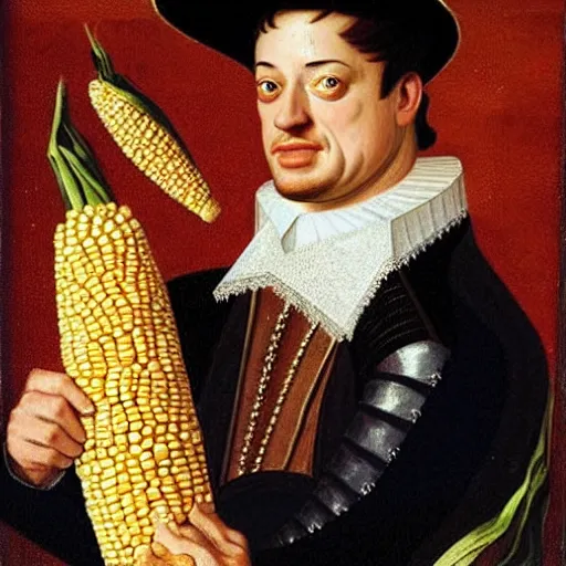 Image similar to a 1 6 0 0 s portrait painting of brendan fraser holding corn, intricate, elegant, highly detailed