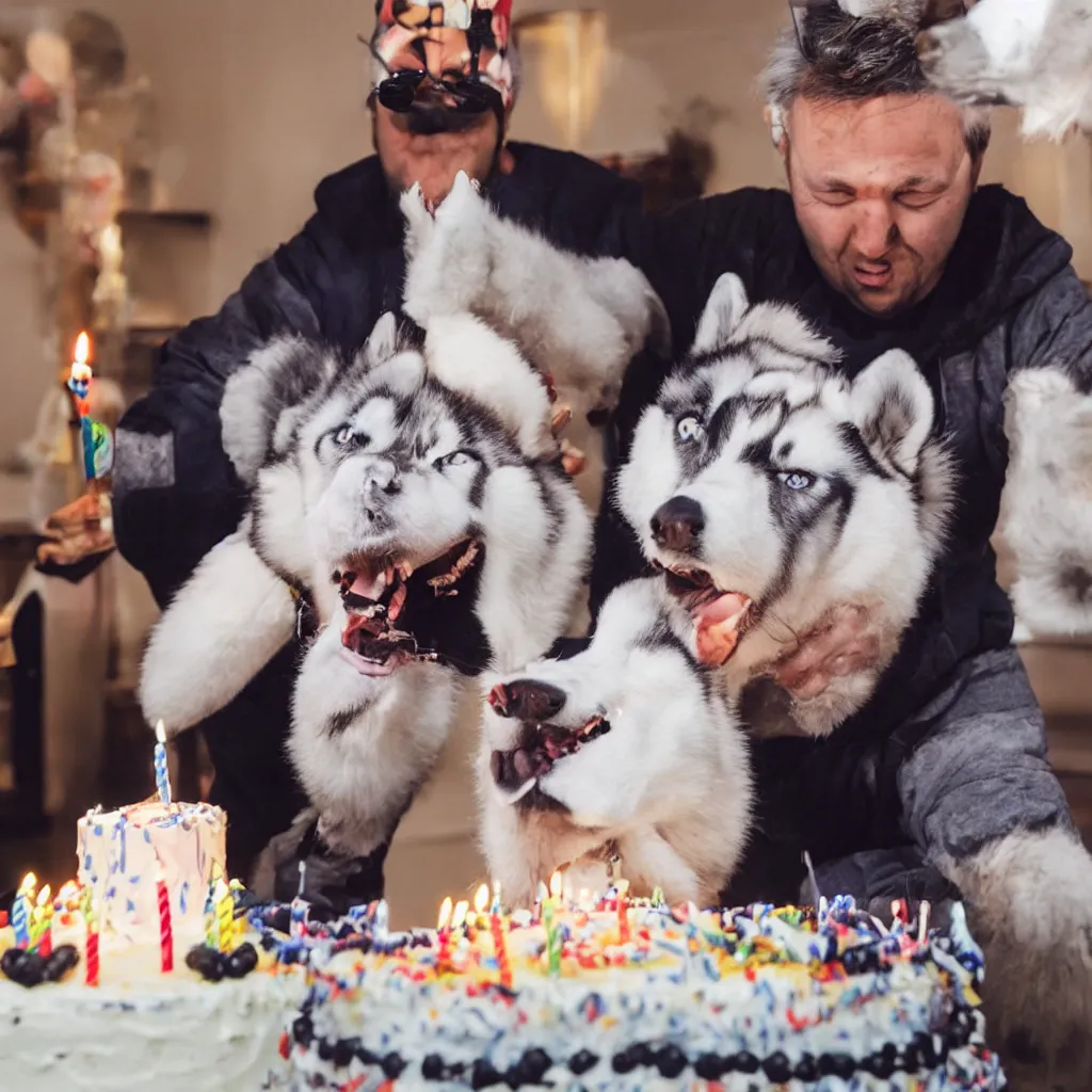 Prompt: a man with the head of siberian husky blowing out candles on a birthday cake