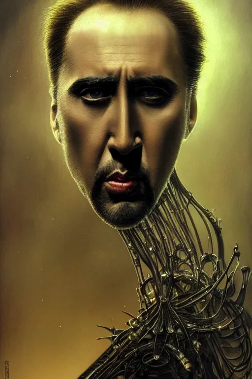 Image similar to very very beautiful longshot photo of chthonic Nicholas Cage, highly detailed, artstation, concept art, smooth, sharp focus, illustration, art by Ayami Kojima, Beksinski, Giger