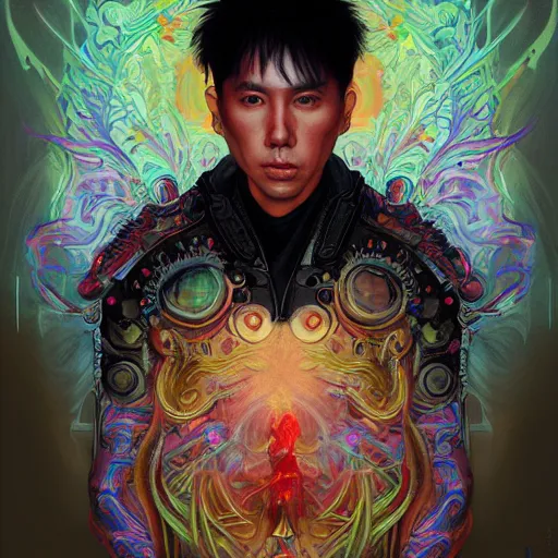 Image similar to portrait of donnie yen, hyper detailed masterpiece, neon floral pattern, jean giraud, digital art painting, darkwave goth aesthetic, psychedelic, artgerm, donato giancola and tom bagshaw