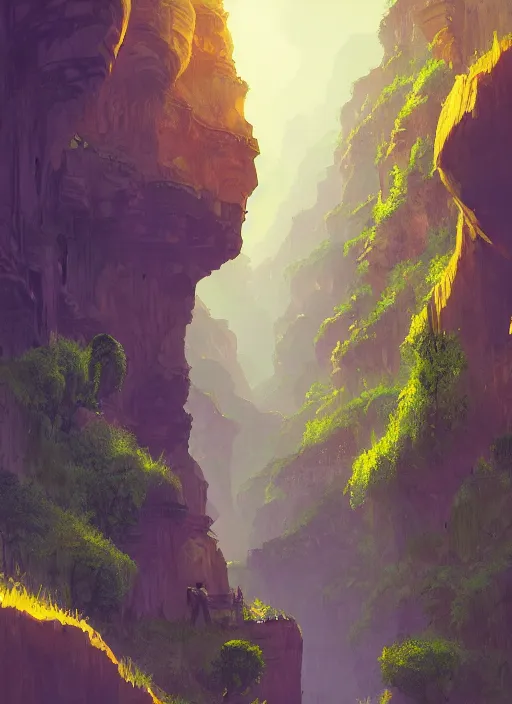 Prompt: medieval city built on terraces in a gigantic canyon, lots of buildings connected by hanging bridges, waterfalls, glow coming from amber veins in the ground, lush vegetation, pitchblack sky, extremly detailed digital painting, in the style atey ghailan and greg rutkowski, rim light, beautiful lighting, 8 k, stunning scene, raytracing, octane, trending on artstation