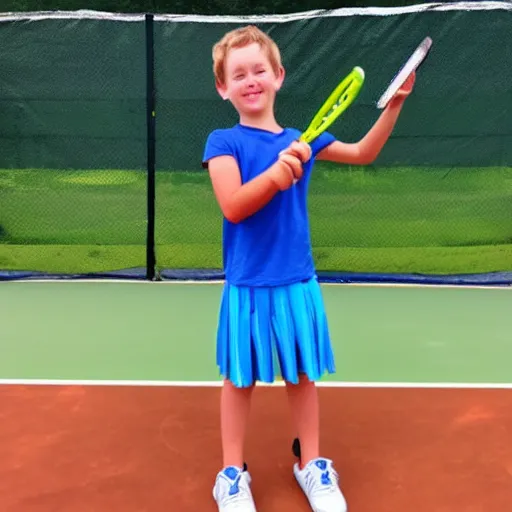 Image similar to children's drawing of Dakota granning playing tennis