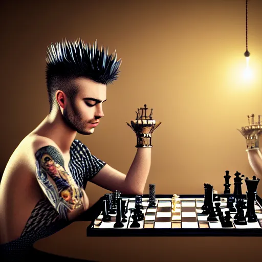 Prompt: man with spiky hair, wearing steampunk armor, playing chess, highly intricate, photorealistic, hyperrealism, beautiful, high resolution