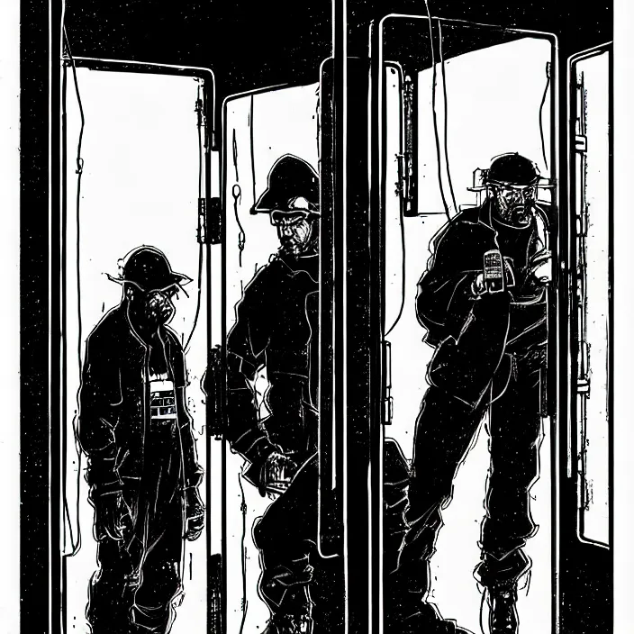 Image similar to weary miners look at opaque phone booths. storyboard, scifi cyberpunk. by gabriel hardman, joe alves, chris bonura. cinematic atmosphere, detailed and intricate, perfect anatomy