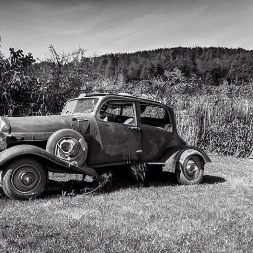 Prompt: old vintage car flyhing above the village, photograph in black and white