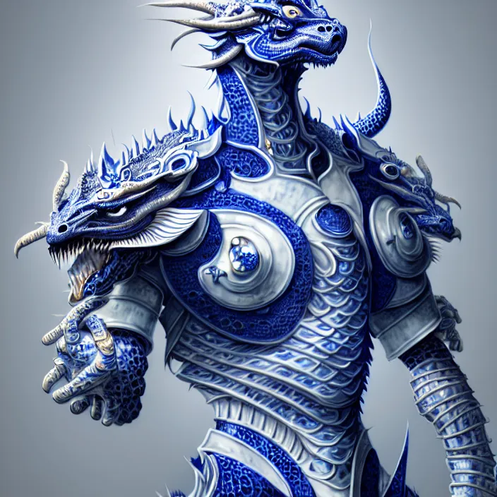 Image similar to man wearing porcelain cyborg armor, Chinese Kangxi Blue and white dragon pattern porcelain, diffuse lighting, fantasy, intricate, elegant, highly detailed, lifelike, photorealistic, digital painting, artstation, illustration, concept art, smooth, sharp focus, art by John Collier and Albert Aublet and Krenz Cushart and Artem Demura and Alphonse Mucha