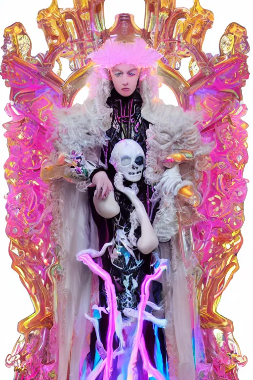 Prompt: full-body rococo and cyberpunk delicate neon crystalline sculpture of ((young muscular onyx albino Colombian prince)) as an iridescent humanoid deity wearing ((peach plastic hooded cloak)) (holding a human skull) in a white castle dungeon, reclining, glowing pink face, crown of (pink lasers), large blue diamonds, swirling black silk fabric. futuristic elements. oozing glowing liquid, full-length view. space robots. intricate artwork by caravaggio. Trending on artstation, octane render, cinematic lighting from the right, hyper realism, octane render, 8k, depth of field, 3D