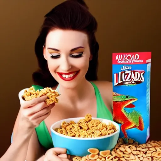 Prompt: Attractive and beautiful lizard pinup model eating cereal in an healthy breakfast ad