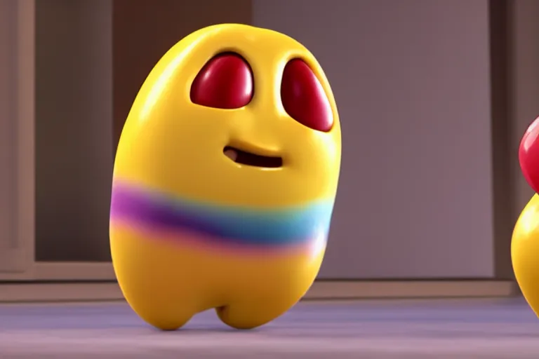 Image similar to an anthropomorphic jelly bean, moving a box, pixar