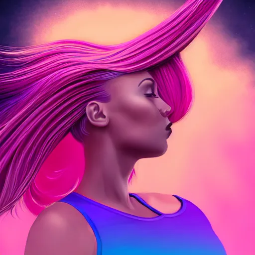 Image similar to a award winning upper body portrait of a beautiful woman in a tanktop with a ombre purple pink hairstyle with head in motion and hair flying, outrun, vaporware, vivid colors, highly detailed, fine detail, intricate