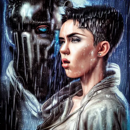 Image similar to An epic fantasy comic book style portrait painting of very imposing Industrial goths Trent Reznor and Miley Cyrus in the rain, wet hair, neon reflections, character design by Mark Ryden and Pixar and Hayao Miyazaki, unreal 5, DAZ, hyperrealistic, octane render, cosplay, RPG portrait, dynamic lighting, intricate detail, cinematic