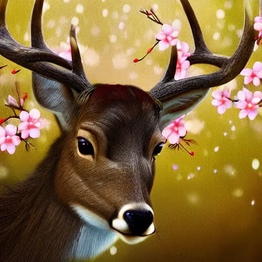 Image similar to professional digital art of a deer with cherry blossom antlers, fantasy, award-winning, 8K, HD, high quality, highly detailed