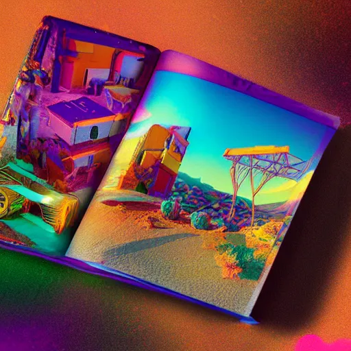 Image similar to desert town of forgotten objects by Beeple, Lisa Frank, Kidmograph and Stephen Shore, digital art, beautiful holography cover design