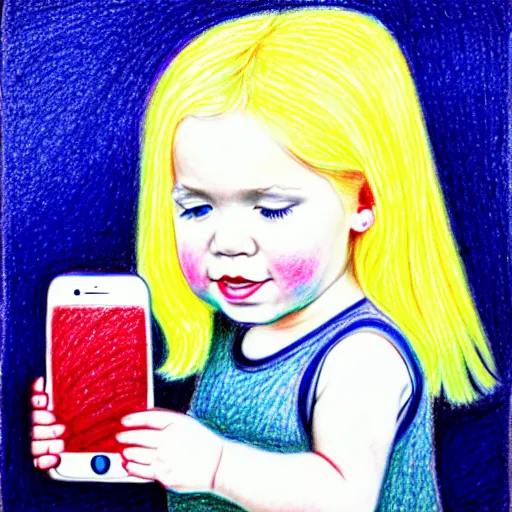 Image similar to 3 year old blonde girl with iphone, colored pencil on white background by eloise wilkin