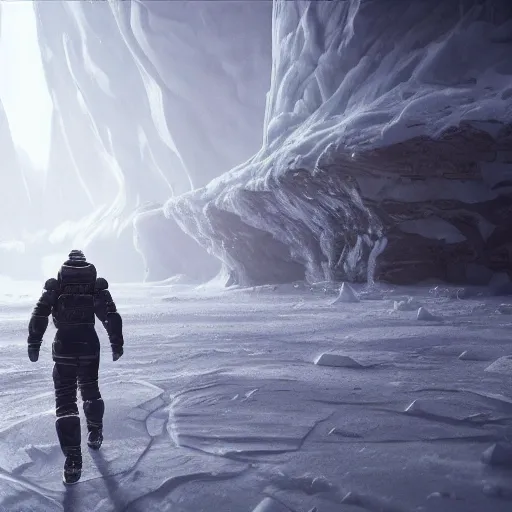 Prompt: Two space survivors walking in a icebound world in a blizzard, award winning, trending on artstation, unreal engine