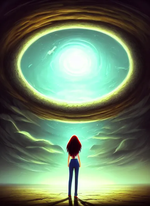 Image similar to a person standing in front of a large circular object, an album cover by cyril rolando, deviantart, magic realism, photoillustration, apocalypse art, matte drawing