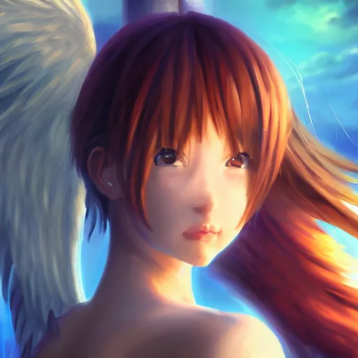 Image similar to an oil painting of an anime girl with angel wings, hd, hdr, ue 5, ue 6, unreal engine 5, cinematic 4 k wallpaper, 8 k, ultra detailed, high resolution, artstation, award winning