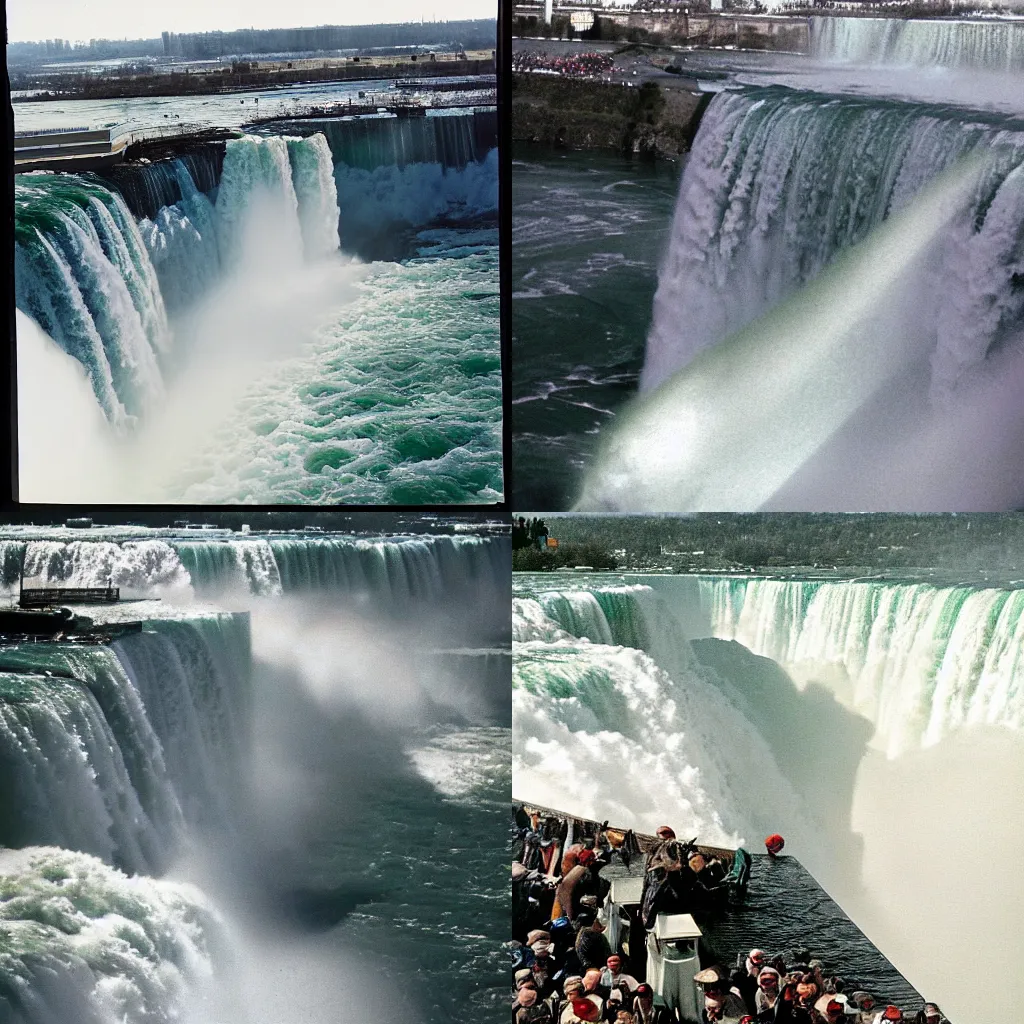 Prompt: Donald Trump goes over Niagara Falls in a barrel, color photograph by Linda Eastman