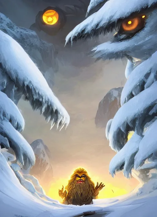 Image similar to giant muscular yeti monster with glowing yellow eyes and twisted horns towering over snow covered trees, highly detailed, digital painting, artstation, concept art, matte, sharp focus, illustration, dramatic, cinematic sunset, hearthstone, art by jesper ejsing, by rhads, makoto shinkai and lois van baarle, ilya kuvshinov, rossdraws