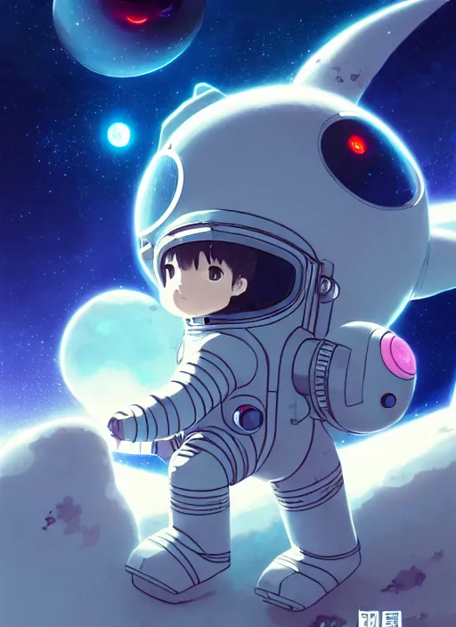 Image similar to portrait of cute kawaii astronaut android navigating a large biomechanical kaiju dragon, nebulous background of dynamic space, a dramatic composition by wlop and greg rutkowski and makoto shinkai and studio ghibli and kyoto animation cute bubbly clothing