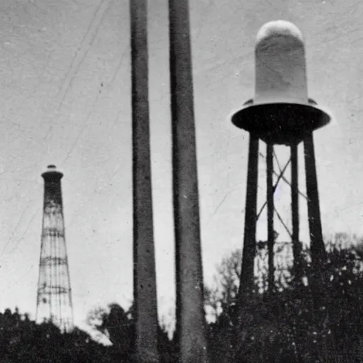 Prompt: 1 9 0 1 photo of nikola tesla wardenclyffe tower and ufo flying fast over in the distance