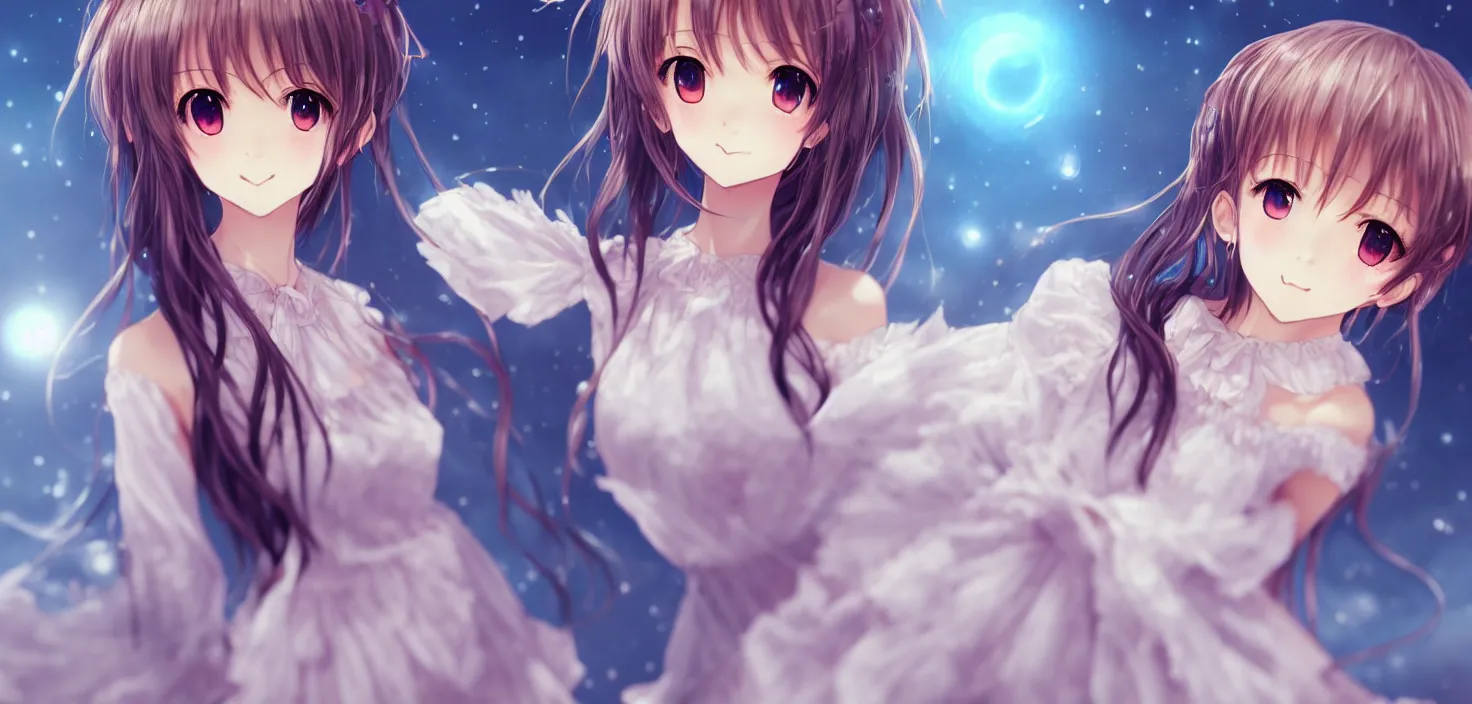 Image similar to portrait two beautiful anime girls wear coctail dress closeup | | sunny night, full moon, dreamlike art, realistic shaded, smile, good looking, hyper details, 4 k realistic, cryengine, realistic shaded lighting poster by artgerm, ross tran, fuji choko, 8 k resolution, trending on artstation, luxury