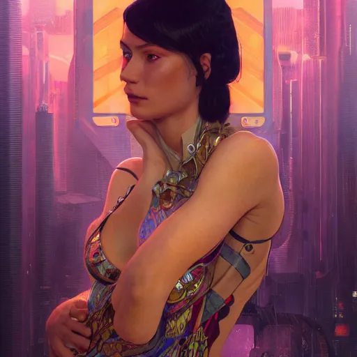 Image similar to cyberpunk woman | hyperrealistic | lush background | sci fi environment | action pose | digital painting | trending on artstation | pinup portrait | clean | illustration | dressed | unreal engine 5 | 8 k resolution | by greg rutkowski alphonse mucha gustav klimt and mel ramos