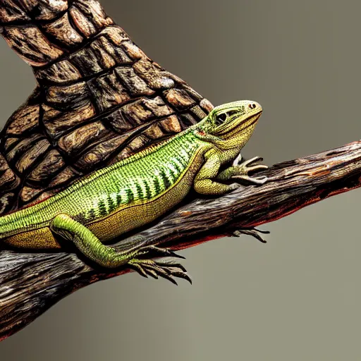 Prompt: lizard resting atop a tree branch, extreme detail, 4 k, trending on artstation, award - winning, art by zealousmagician